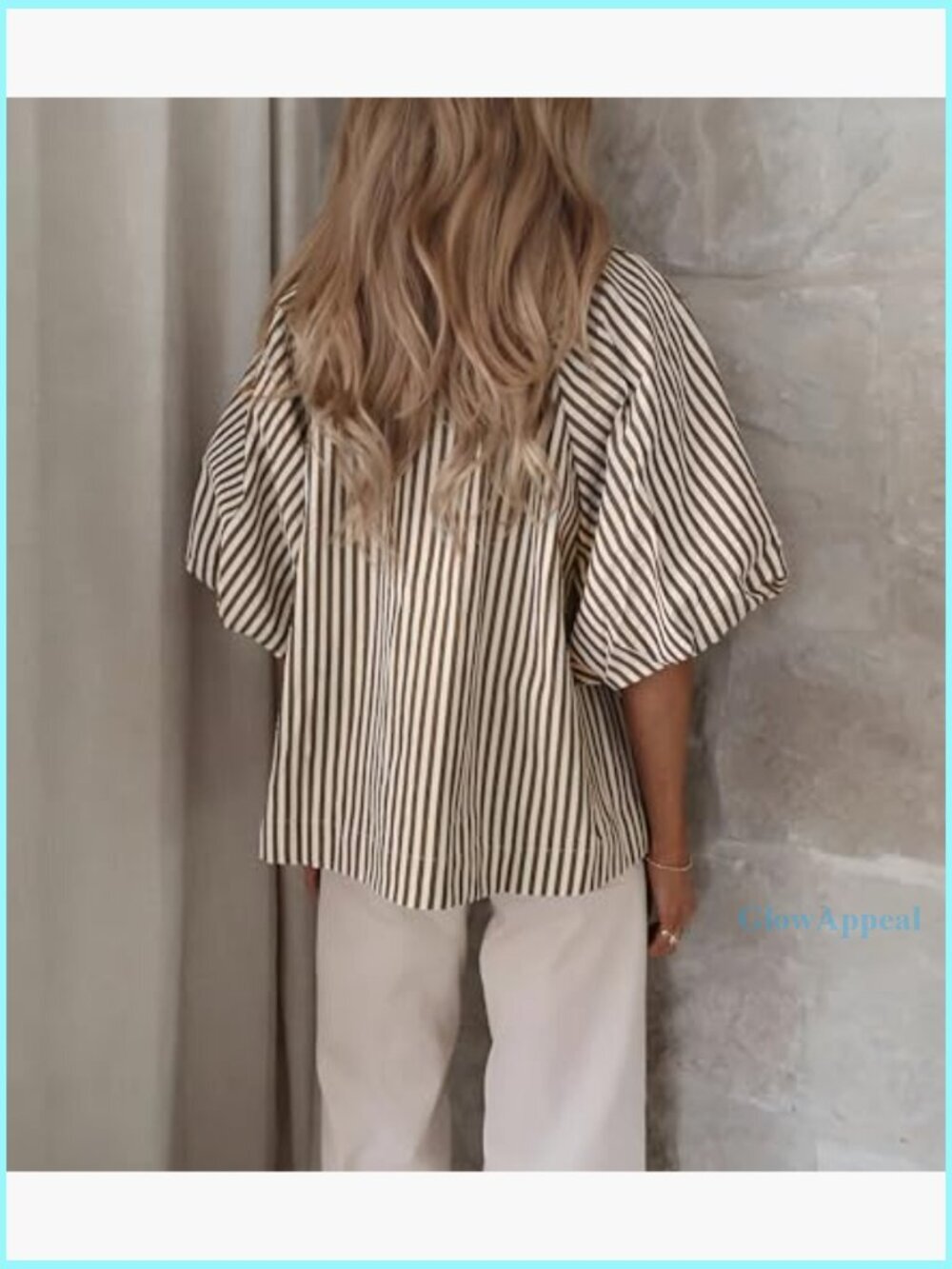 Striped Button Down Shirt Puff Sleeve Collared V Neck Loose Casual Blouse - Picture 6 of 7